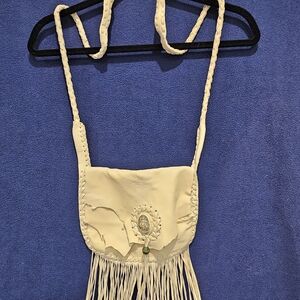 Vintage Handmade Leather Fringe Crossbody Bag Cream Western Boho Style
